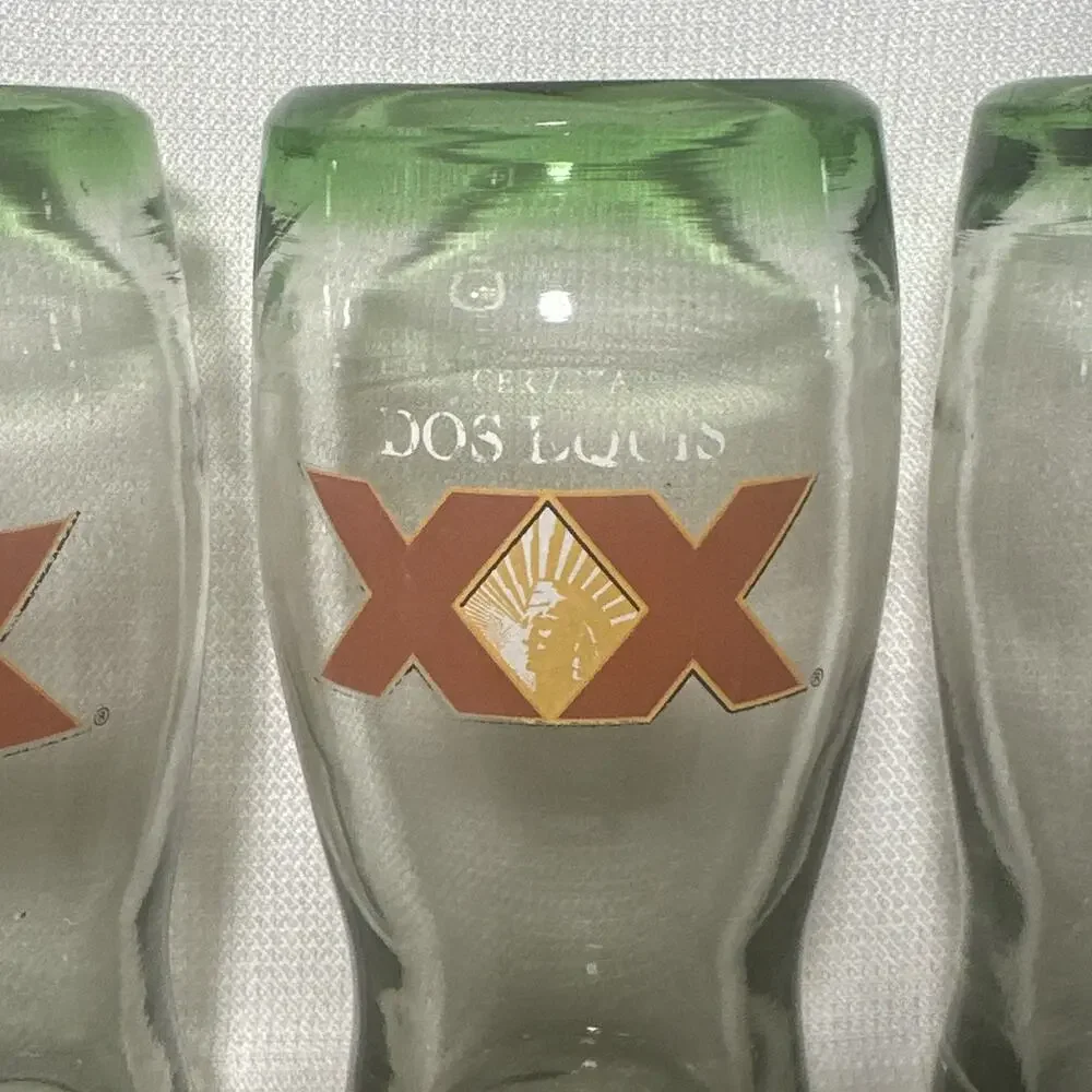Dos Equis XX Hand Blown Beer Glasses Heavyweight Thick Bubbles Green Rim Set 4